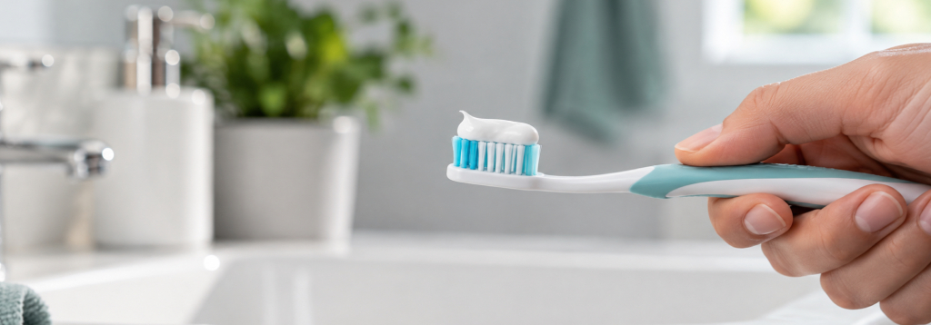 Une main tient une brosse à dents à soies souples avec du dentifrice au fluor, prête pour le brossage, dans une salle de bain propre.