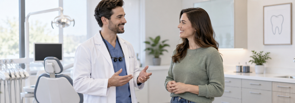 Un dentiste professionnel de la Clinique Dentaire du Carrefour discute avec sourire de la santé bucco-dentaire d'une patiente dans son cabinet.